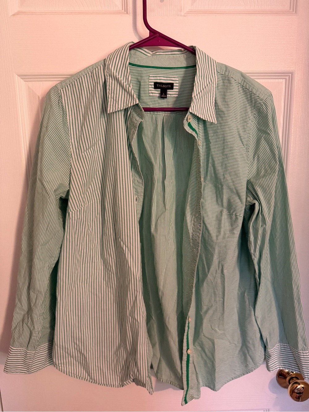 Talbots Green and White Striped Button-Down Shirt